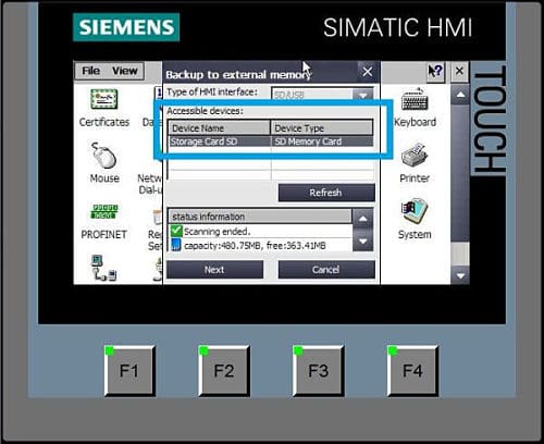 Backup de una HMI a una tarjeta SD insertada en la pantalla