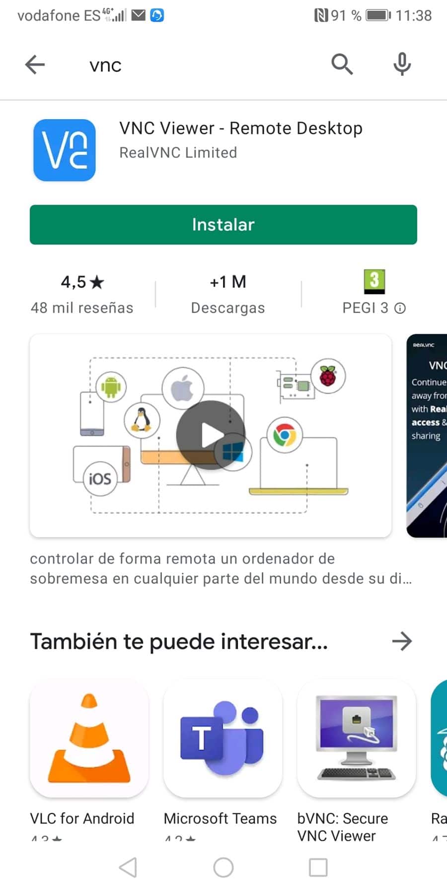 Buscar VNC Viewer en el smartphone para descargar