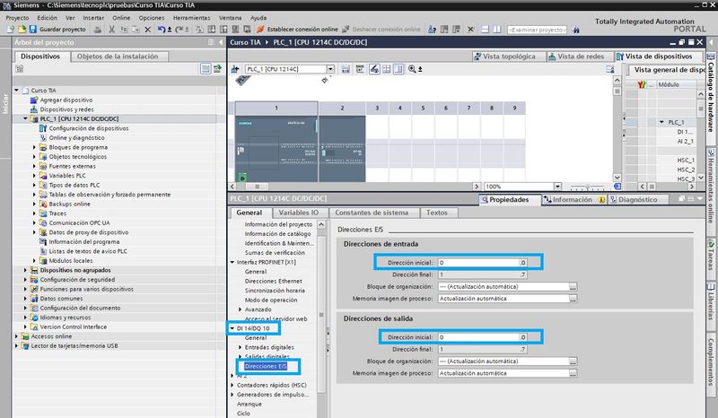 Direcciones de entradas y salidas en la configuración del proyecto TIA Portal