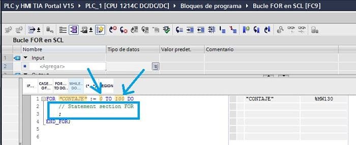 Ejemplo de un bucle FOR SCL TIA Portal en el que contará de 0 a 100