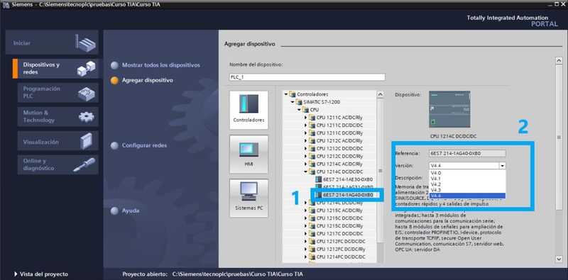 Escoger una versión de Firmware compatible de la CPU para el proyecto TIA Portal