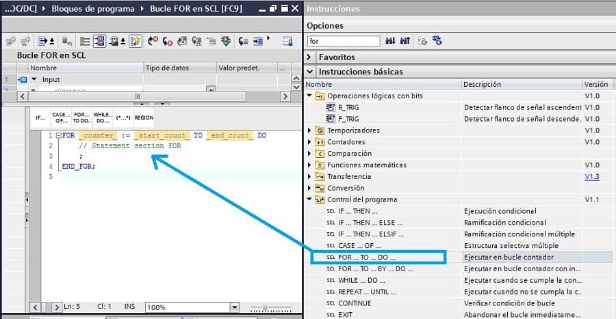 Insertar la función FOR SCL TIA Portal en un bloque del proyecto