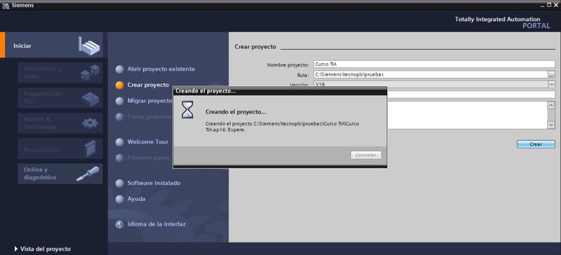 Proceso de creación del proyecto cuando ponemos el nombre y la ruta en TIA