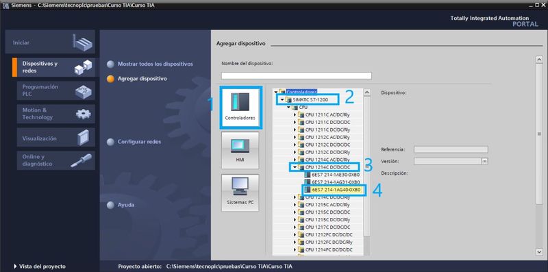 Seleccionar el PLC con la referencia exacta de Siemens para nuestro proyecto TIA Portal