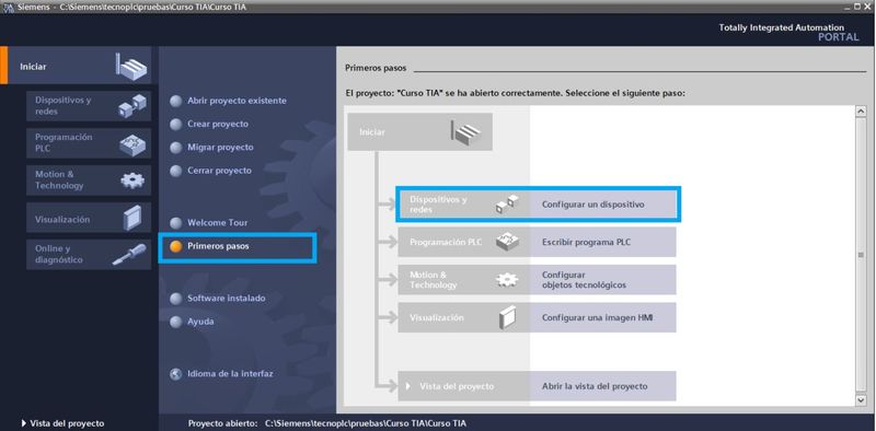 Seleccionar la opción de configurar un dispositivo dentro de los primeros pasos en TIA Portal