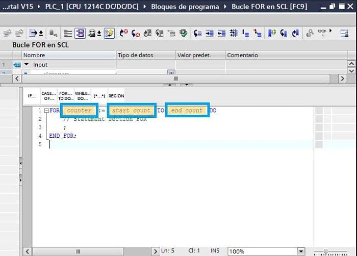 Variables a utilizar dentro del bucle en SCL