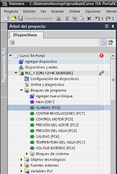 Ejemplo de programa en TIA Portal con los bloques de funciones y variables