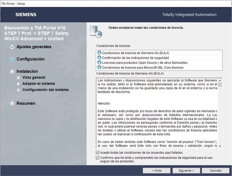 Aceptar las condiciones de seguridad y licencia de Siemens