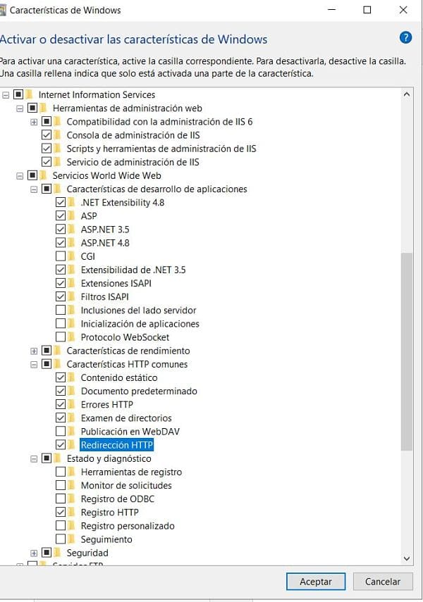 Activar la opción de Internet Information Services de Windows