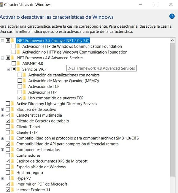 Activar opciones de .NET de Windows para instalar TIA Portal V16.