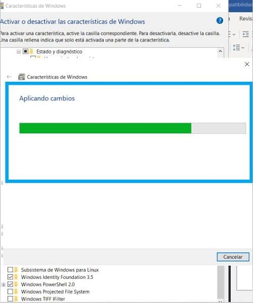 Aplicar cambios de las características de Windows modificadas