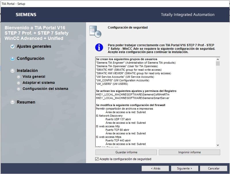 Configuración de seguridad que TIA Portal va a modificar en Windows