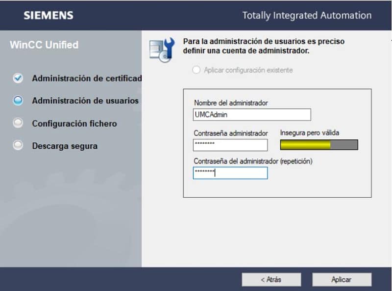 Crear contraseña para la administración de WinCC Unified TIA Portal V16