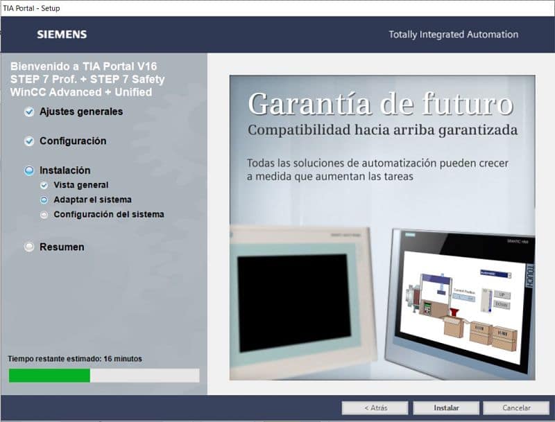 Proceso de instalación de TIA Portal en marcha