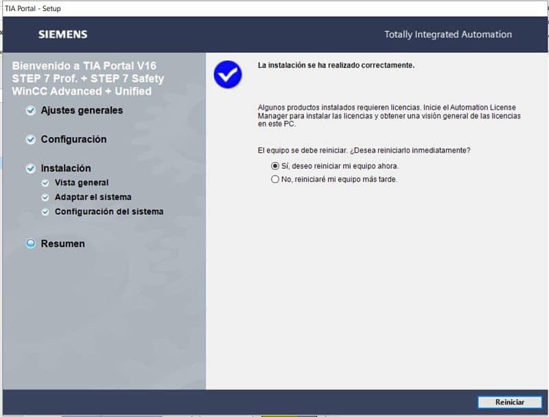 Reiniciar el ordenador al finalizar la instalación de TIA Portal