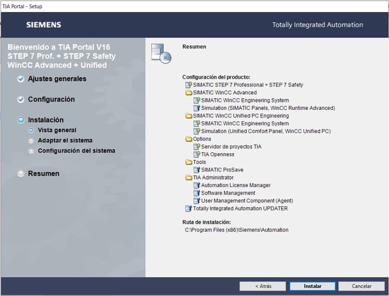 Resumen de todos los productos seleccionado al instalar TIA Portal V16