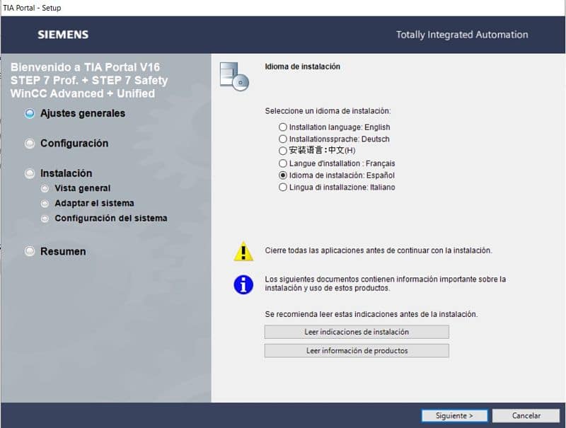 Seleccionar idioma para el asistente de la instalación del software Siemens