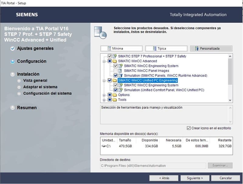 Seleccionar las opciones de Step 7 y WinCC Unified al instalar TIA Portal V16