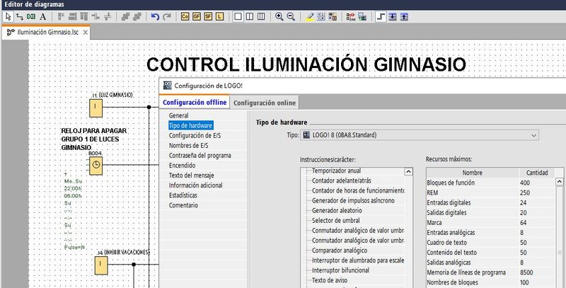 Hardware utilizado en control ejemplo luces gimnasio LOGO