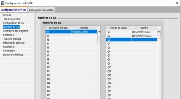 Tabla asignación entradas y salidas en programa Ejemplo alternar electroválvulas LOGO