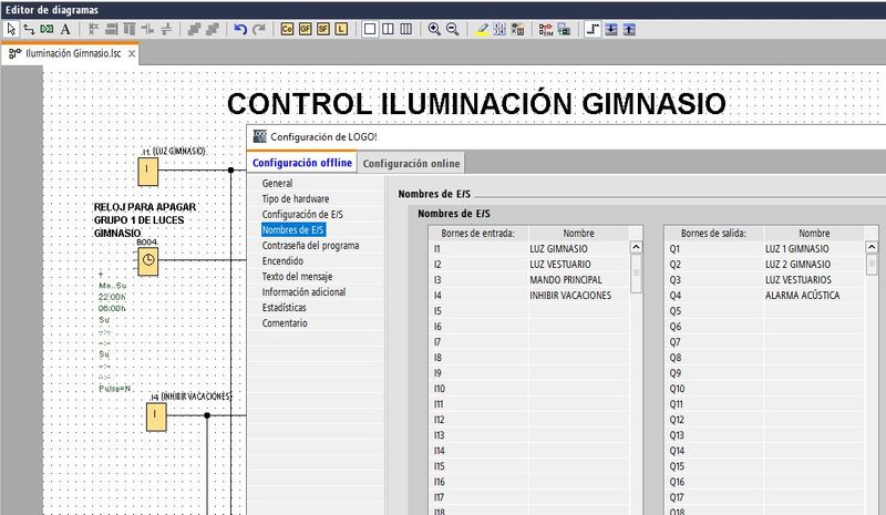 Tabla asignación entradas y salidas programa ejemplo luces gimnasio LOGO 8