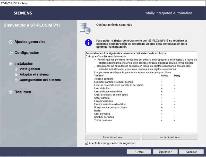 Aceptar las condiciones de configuración de seguridad en la instalación