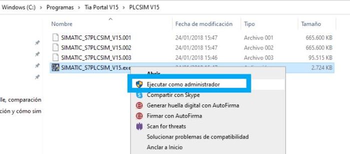 Archivos descargados de Siemens para instalar PLCSIM V15 en el ordenador