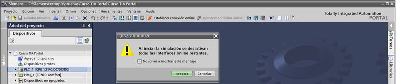 Aviso cuando iniciamos el PLCSIM desde dentro de TIA Portal