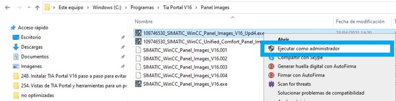 Ejecutar como administrador el archivo del Update del paquete de imágenes TIA Portal