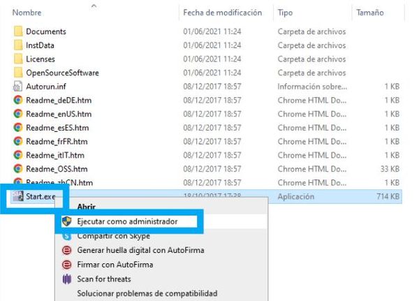 Ejecutar el archivo start.exe para iniciar la instalación como administrador del simulador TIA