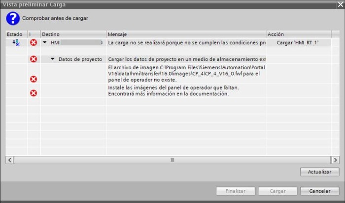 Error después de la instalación del software Siemens al cargar imágenes a la HMI