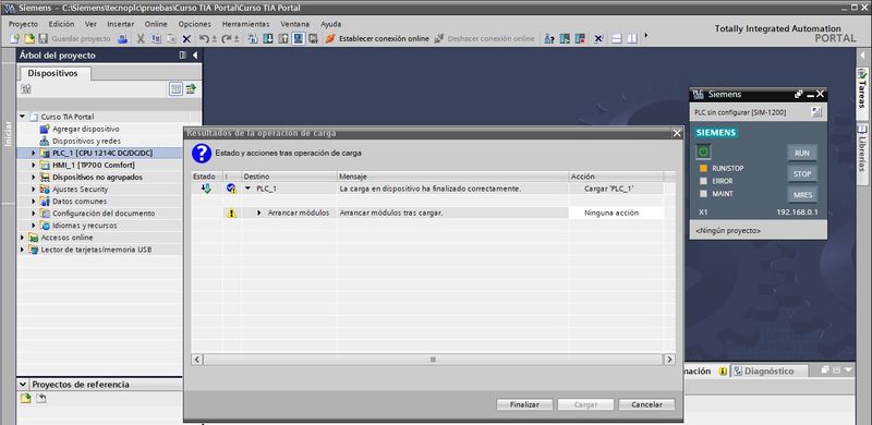 Finalizar el proceso de arranque del simulador del PLC en TIA Portal