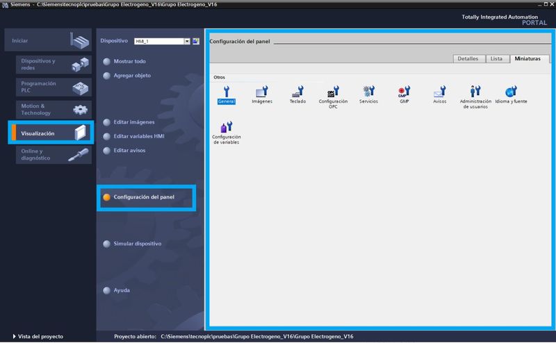 Opciones de configuración del panel dentro de las vistas de TIA Portal para visualización HMI