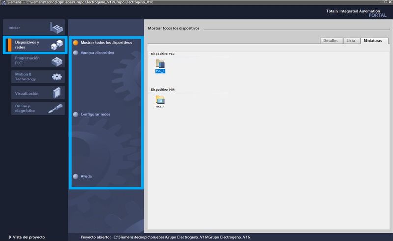 Opciones de dispositivos y redes dentro de la vista del portal