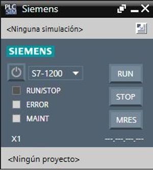 Panel de mando del PLCSIM para iniciar una simulación del PLC Siemens