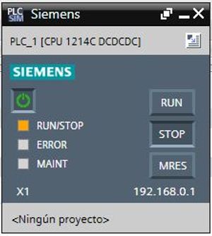 Panel del PLCSIM indicando que el PLC está en STOP