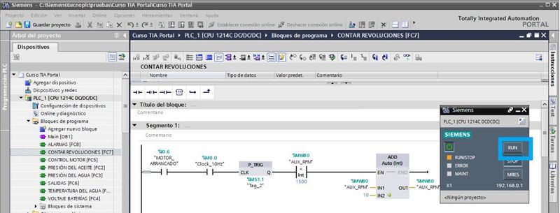 Pulsar el botón de RUN para poner en marcha el PLC desde el simulador