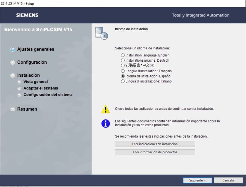 Seleccionar idioma de instalación del PLCSIM V15