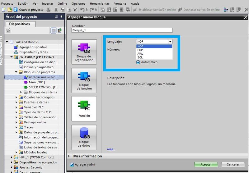 Seleccionar lenguaje de programación PLC dentro del software