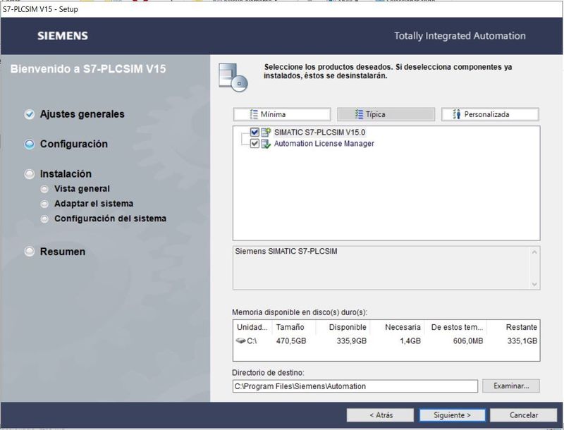 Seleccionar productos para la instalación del PLCSIM en TIA Portal