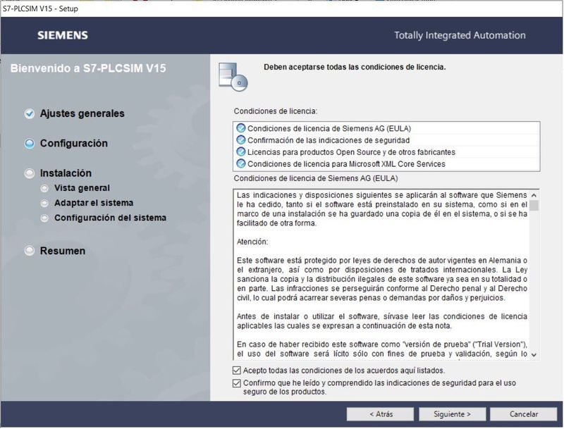 Seleccionar y aceptar las licencias de instalación del software Siemens