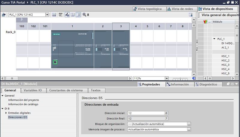Añadir módulo de entradas y ver las direcciones que ponen por defecto en TIA