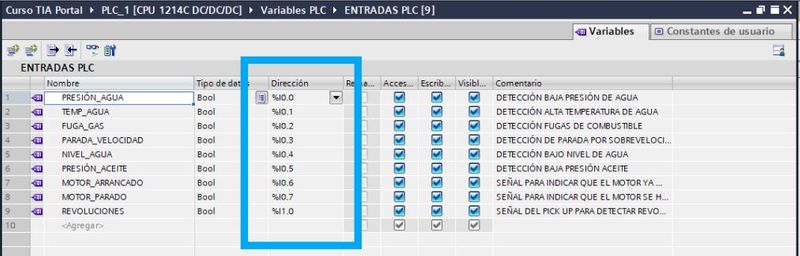 Asignar direcciones a cada entrada del PLC en TIA Portal