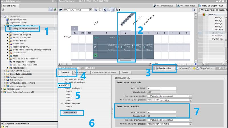 Buscar las direcciones de salidas analógicas en el programa