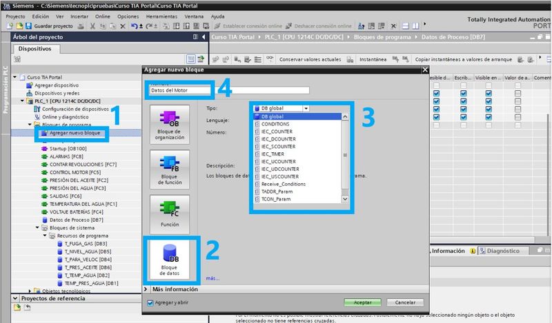 Crear un bloque de datos DB dentro de los tipos de bloques en el programa TIA Portal