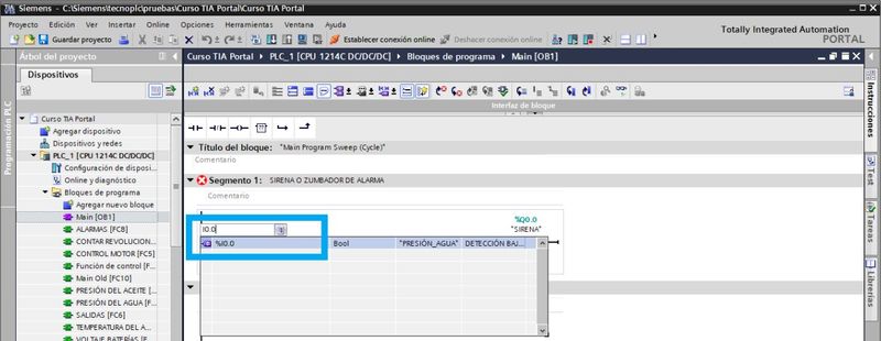 Introducir una variable en el contacto abierto en TIA Portal