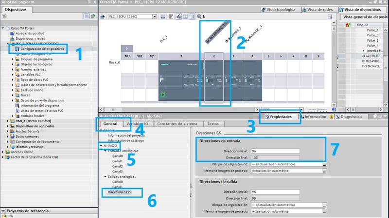 Observar las direcciones de entradas analógicas en el proyecto TIA Portal