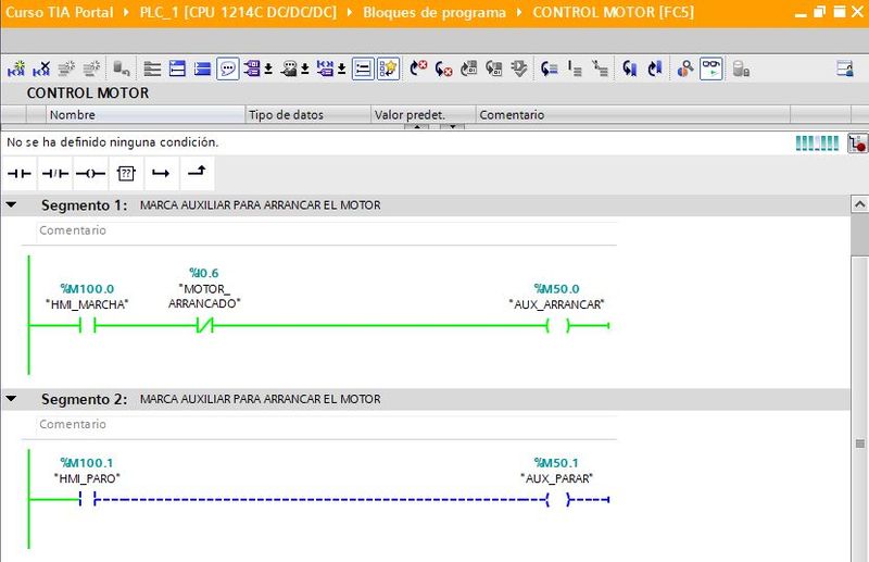 Señal eléctrica en la programación Ladder en TIA Portal