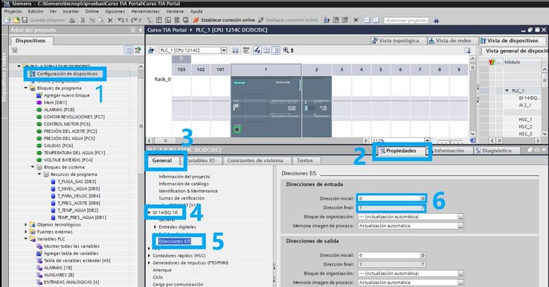 Ver direccionamiento de entradas por defecto en el proyecto TIA Portal