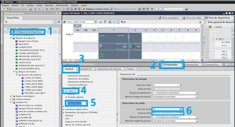 Ver direccionamiento de salidas por defecto en el proyecto TIA Portal